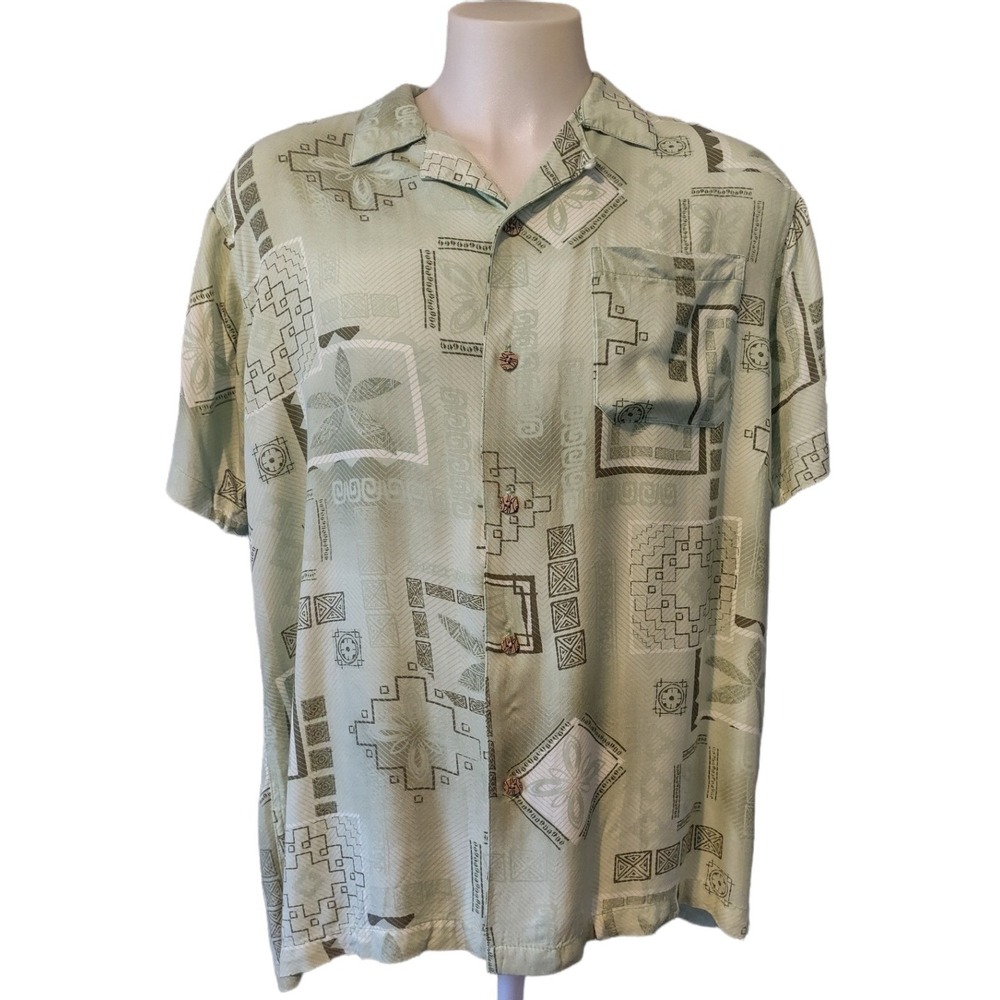 Island Shores Shirt Men's Hawaiian Tropical Tribal Sage Green Retro Boho Relaxed